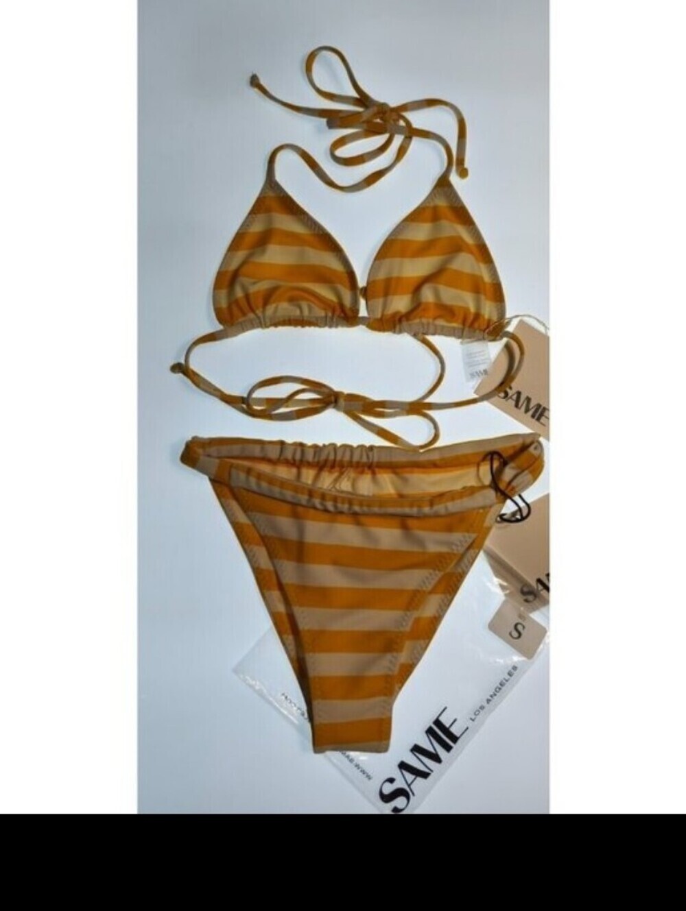 SAME Los Angeles Bikini Set Striped Yellow White Tie Side Triangle Sz S NWT